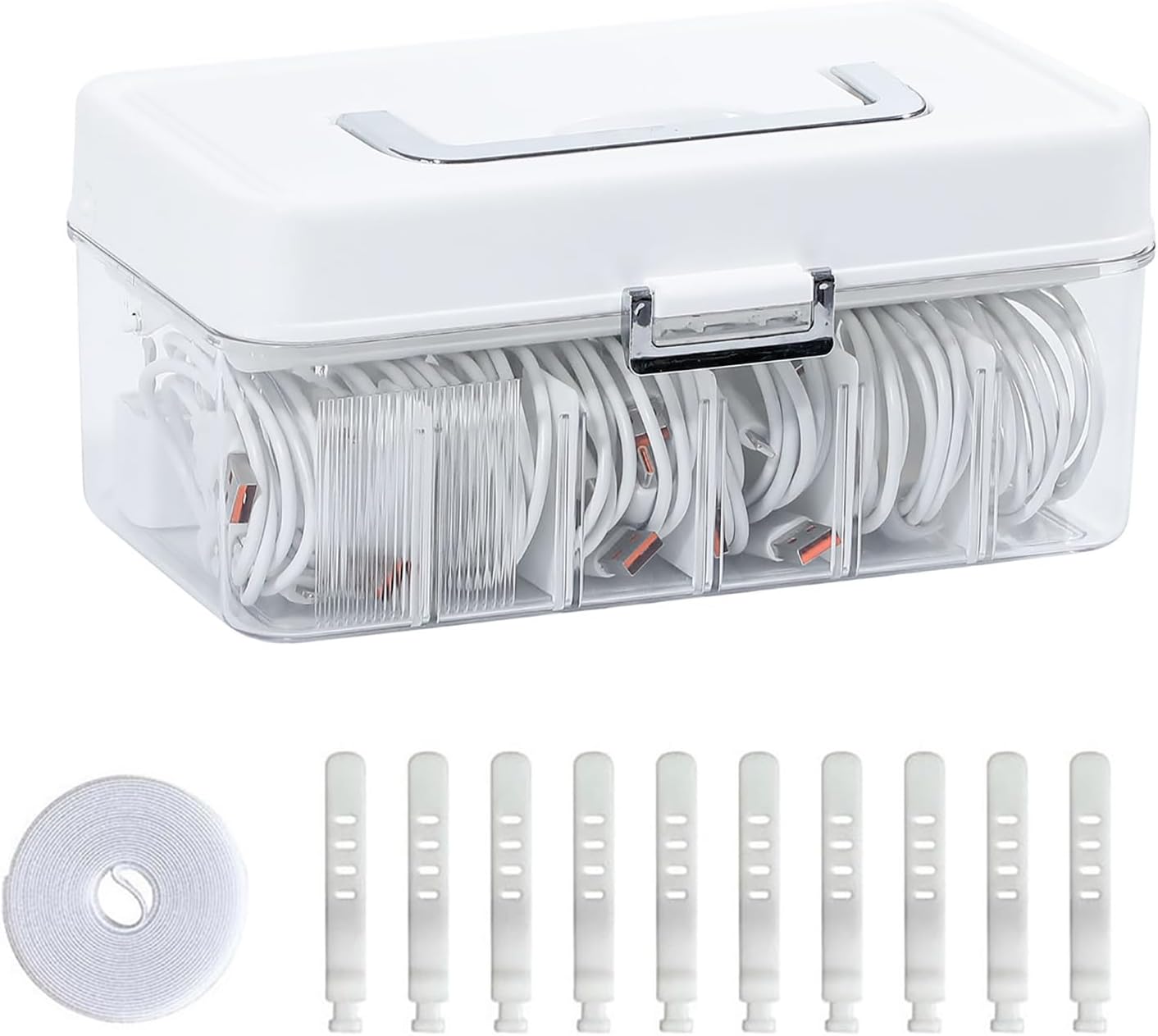 Large Cable Organizer Box with Lid, Plastic Cord Storage Case with Handle and Wire Ties for Home Office, Phone Charger, Art Crafts, Stationery