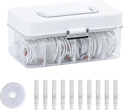 Large Cable Organizer Box with Lid, Plastic Cord Storage Case with Handle and Wire Ties for Home Office, Phone Charger, Art Crafts, Stationery