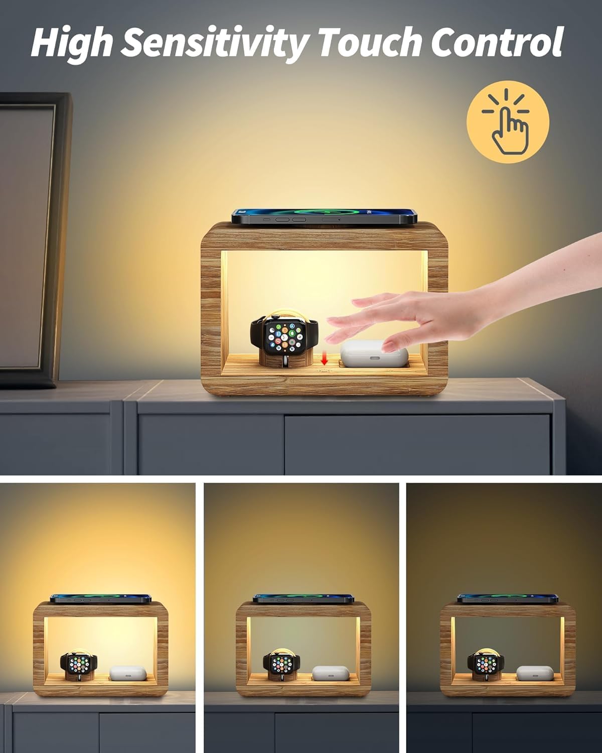 Bamboo Wireless Charging Station with Alarm Clock & Night Light, 3 in 1 Charging Station for iPhone 17/16/15/14/13/12/11 Pro Max/X/Xs, AirPods 4/3 & AirPods Pro 3/2/1/, Apple Watch Series
