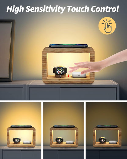 Bamboo Wireless Charging Station with Alarm Clock & Night Light, 3 in 1 Charging Station for iPhone 17/16/15/14/13/12/11 Pro Max/X/Xs, AirPods 4/3 & AirPods Pro 3/2/1/, Apple Watch Series