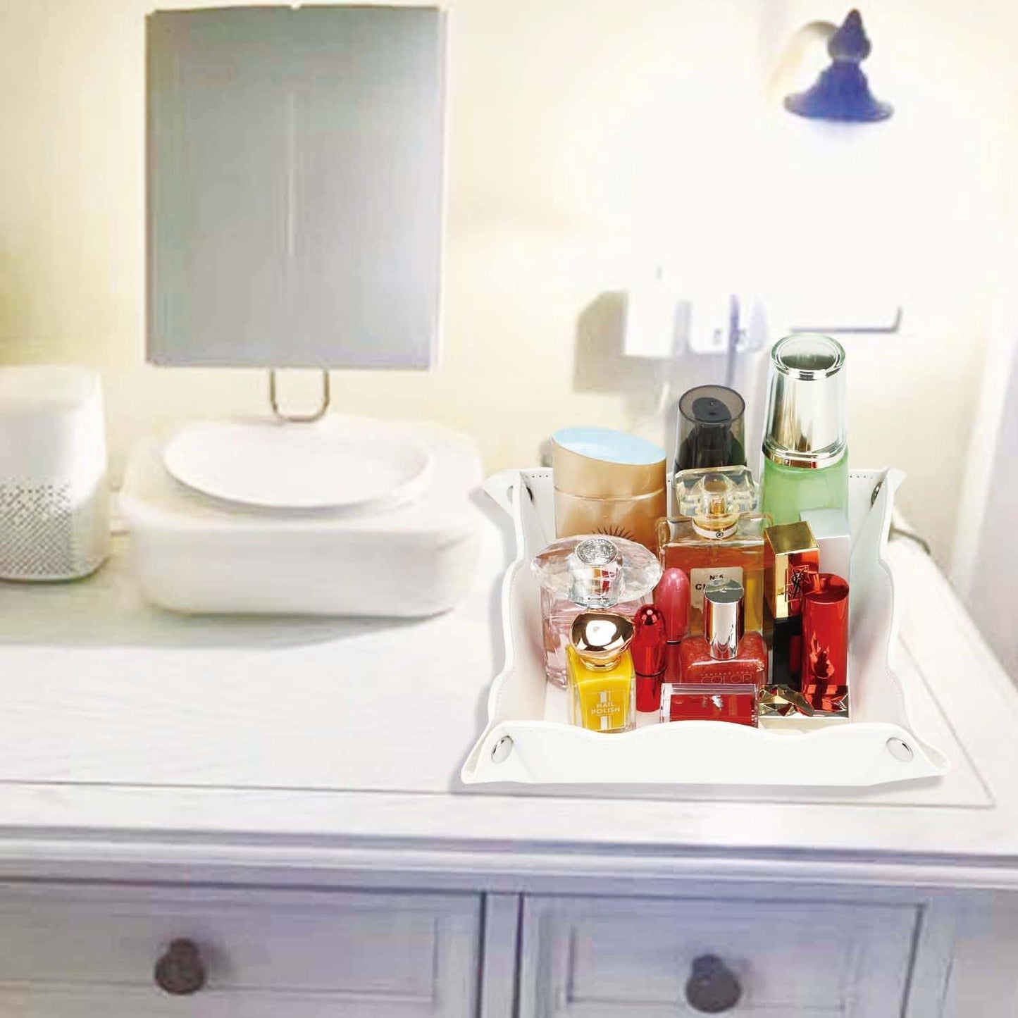 Valet Tray for Men Women - PU Leather Travel Catchall Tray Organizer - Desk Bedside Nightstand Storage Box for Jewelry Key Phone Remote Controller Wallet Watch Glasses Coin Readers -White