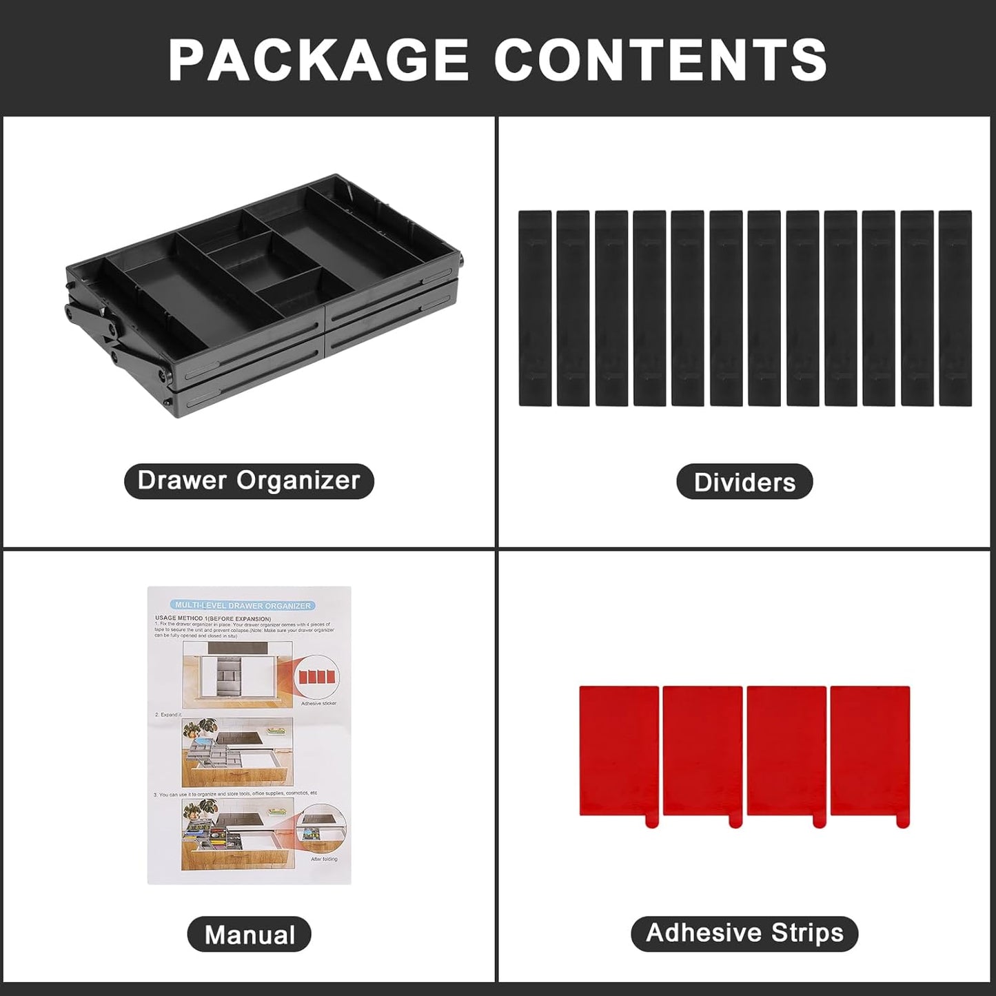 Aobiono Multi Level Smart Drawer Organizer, Multi Tier Expandable Storage Collapsible Foldable Trays for Jewelry, Cosmetics, Makeup, Tools, Battery (White, Single Row - 2 Levels)