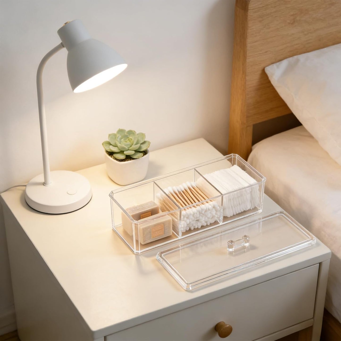 2 Pack Acrylic 3-Compartment Organizer Box, Storage Box with Lid, Clear Pen Holder Organizer Makeup Brush Holder for Office Desk Accessories, Cosmetic Brush Storage Box, Dorm, Bathroom, Kitchen