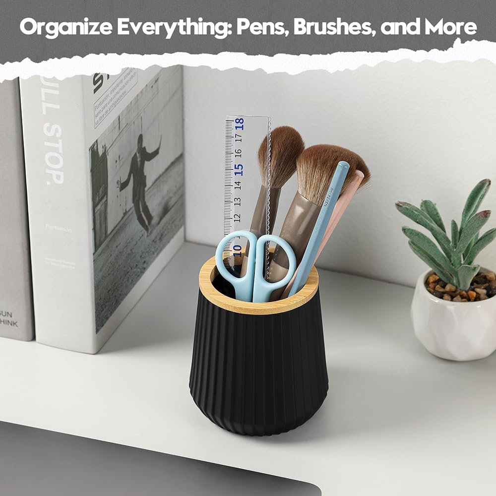 YAUKPH Pen Cup Pencil Holder Desk Organizer Small Plastic Desktop Storage with Striped Bamboo Wood Trim Modern Minimalist Design for Office School Pencils Pens Markers (Matte Black)