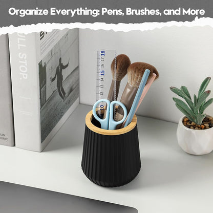 YAUKPH Pen Cup Pencil Holder Desk Organizer Small Plastic Desktop Storage with Striped Bamboo Wood Trim Modern Minimalist Design for Office School Pencils Pens Markers (Matte Black)