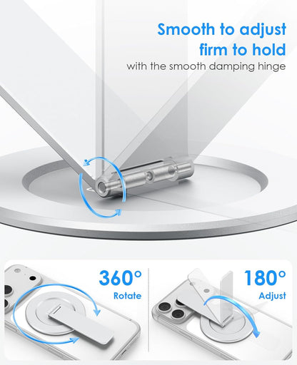 Magtame Double-Sided Magnetic Phone Stand Grip, Strong Magnetic Kickstand Desk Holder for Mag&Safe and Smartphone, Foldable Adjustable Design, Silver