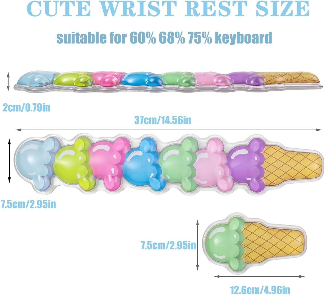 Gel Keyboard and Mouse Wrist Rest Set – Cute Wrist Rest for Computer Keyboard 60%/68%/75%, Comfort & Support for Typing and Gaming（Ice Cream