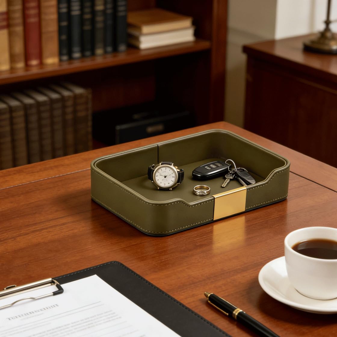 PU Leather Valet Tray Catchall Organizer for Men - Nightstand Dresser Desk Tray for Keys Wallet Watch Jewelry, Bedside Entryway Table Storage Box, EDC Accessories Holder Catch All Dish, Green