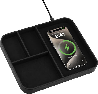 VOVIPO Birthday Gifts Bedside Organiser-Faux Leather Valet Tray With Wireless Charger For Phone And Earbuds,Nightstand Organizer,Mens Jewelry Box,Office Desk Organizers