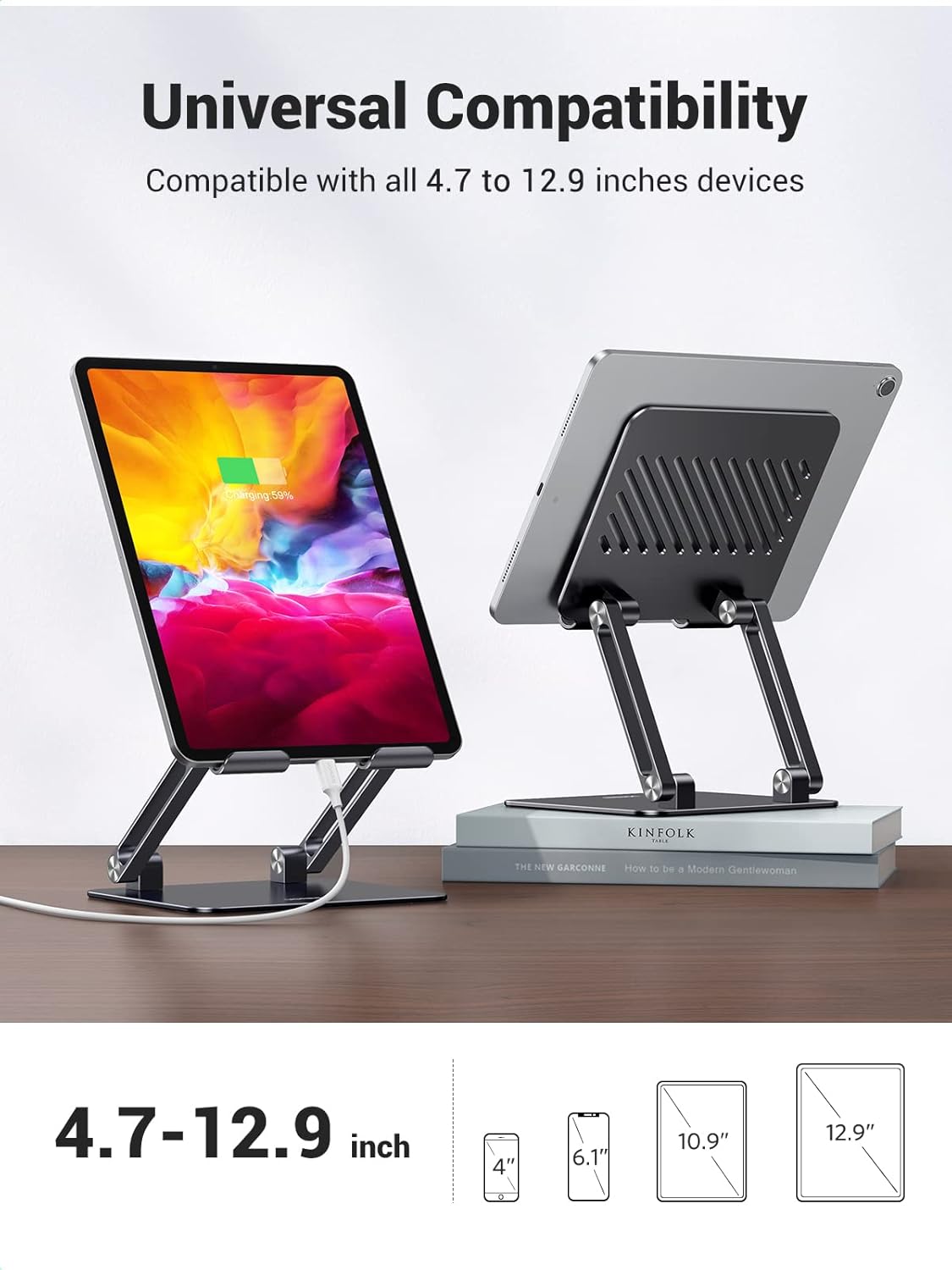 UGREEN Tablet Stand Holder for Desk Dual Rod Support Aluminum Tablet Holder Adjustable Multi-Angle Home Office Accessories Compatible with iPad Pro 13 12 11 10.5 Air Mini 5 4 3 2 Phone E-Reader Silver