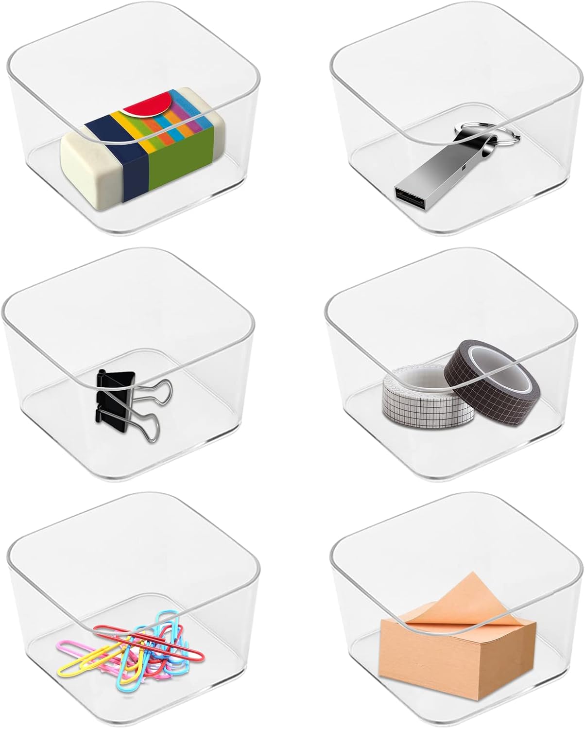 6 PCS PET Square Desk Organizer Tray, Clear Drawer Organizer Set for Home Office, Desk Drawers Dividers Makeup Vanity Storage Bins Kitchen Utensils