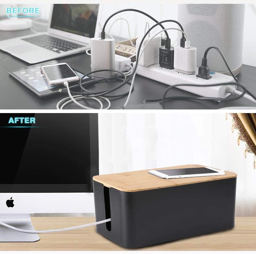 Cable Management Box, 2 Pack Bamboo Lid Large Storage Wires Organizer Holder for Home, Desk, TV, Computer, USB Hub - to Cover Hide Surge Protector Conceal Power Strips & Cords (Black)