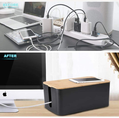 Cable Management Box, 2 Pack Bamboo Lid Large Storage Wires Organizer Holder for Home, Desk, TV, Computer, USB Hub - to Cover Hide Surge Protector Conceal Power Strips & Cords (Black)