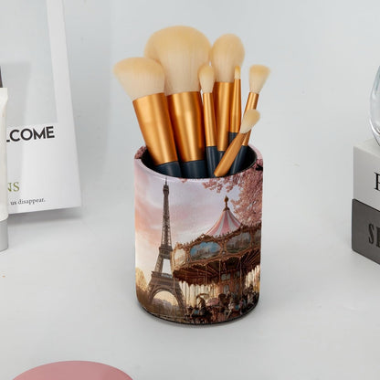 Leather Pen Holder for Desk, Love Cherry Pencil Organizer Pencil Cup Desk Decor Makeup Brush Holder Multifunctional Office Supplies for Home,Office, School
