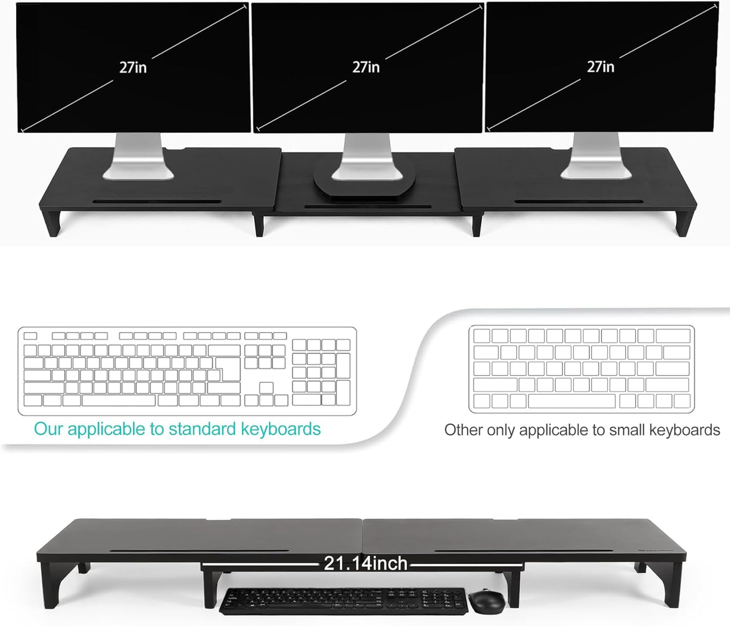 Nnewvante Monitor Stand Riser, 60 inch Large Bamboo Dual Monitor Stand for Desk, 3 Shelves Desktop Screen Riser with Adjustable Length Angle for Computer Laptop PC