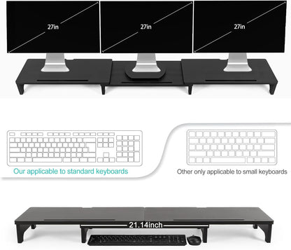 Nnewvante Monitor Stand Riser, 60 inch Large Bamboo Dual Monitor Stand for Desk, 3 Shelves Desktop Screen Riser with Adjustable Length Angle for Computer Laptop PC