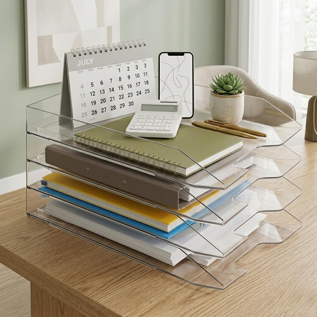 Acrimet 4 Tier Paper Organizer Letter Tray - Plastic Stackable Desk File Organizer, Front Load Paper Sorter Organizer for Letter/A4 Office File Folder Holder - Clear Crystal