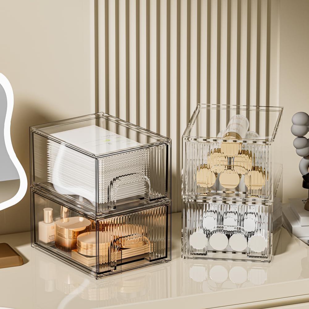 ZHIAI 8 Pack Clear Stackable Storage Drawer, Acrylic Drawer, Cosmetic Organizer, Plastic Organizer for Dresser, Under, Kitchen Cabinet, Pantry, Home Organization and Storage