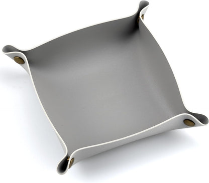 Decorative Foldable Valet Tray Artificial Leather Catchall Holder Small Desk Table Organizer Tray for Jewelry, Keys, Watches, Coins (Light Gray)