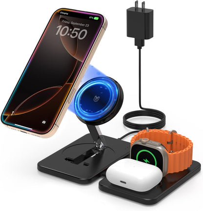 Charging Station for iPhone and Apple Watch: 3 in 1 Wireless Phone Charger Stand for iPhone 17 16 15 14 13 12 11 Pro Max & AirPods, Bedside Nightstand Docking