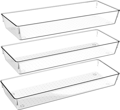 Kutesna 3 Pcs Large Clear Drawer Organizer Set, 15" X 6" Desk Drawer Organizers Trays with Non-Slip Silicone Pads, Storage Bins for Makeup, Office, Kitchen Gadgets Utensils, Bedroom, Tools, Bathroom