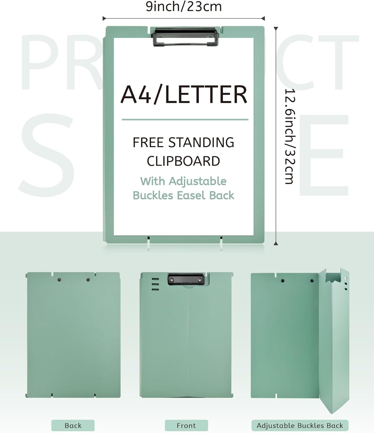 Free Standing Clipboard and Desktop Stand with Adjustable Buckles Easel Back - Foldable Stand and Document Holder for School, Office and Business Use (9.37 x 12.6 inches) (Light Green)