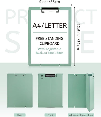 Free Standing Clipboard and Desktop Stand with Adjustable Buckles Easel Back - Foldable Stand and Document Holder for School, Office and Business Use (9.37 x 12.6 inches) (Light Green)
