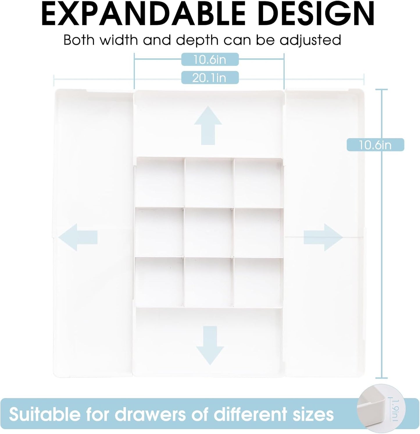 MIUOPUR Expandable Drawer Organizer, Width (10.6"-20.1") Depth (11"-20.1"), Clear Makeup Drawer Organizer with 6 Removable Dividers, Silverware Organizer, Great for kitchen and Bathroom Drawers