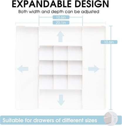 MIUOPUR Expandable Drawer Organizer, Width (10.6"-20.1") Depth (11"-20.1"), Clear Makeup Drawer Organizer with 6 Removable Dividers, Silverware Organizer, Great for kitchen and Bathroom Drawers
