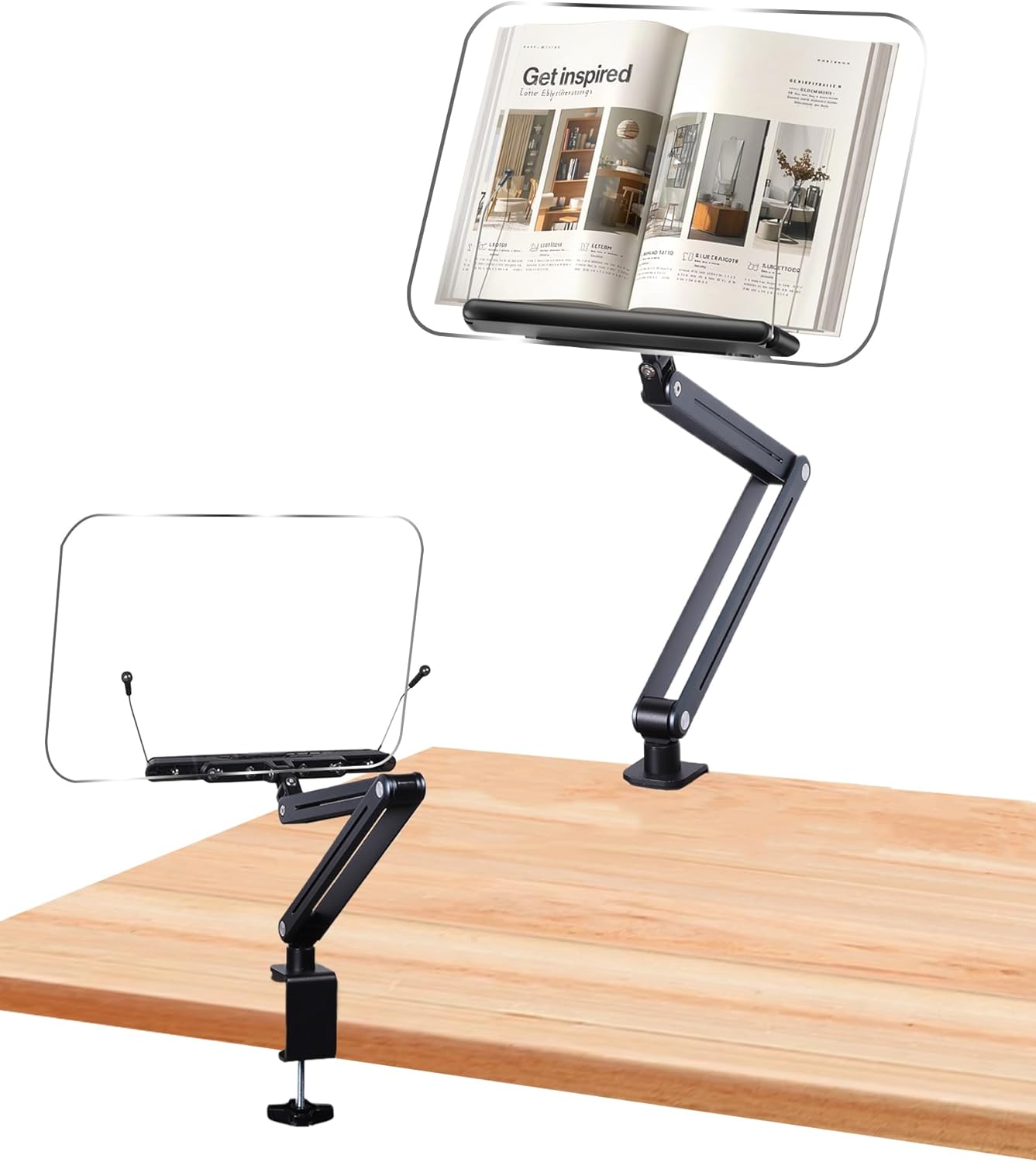 ASIEIT Desk Clamp Book Stand, Aluminum Book Holder Adjustable Height & Angle, Cookbook Stand for Kitchen, Recipe Book Holder with 360° Swivel Base, Book Stand for Reading, Office, Laptop