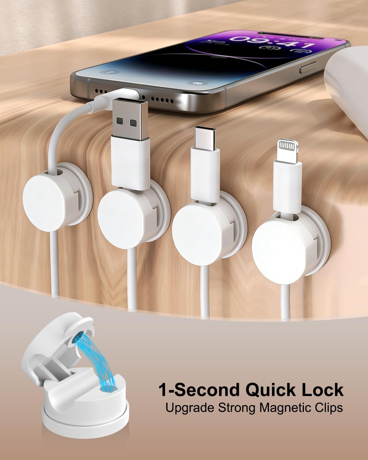 OneLeaf 8 Pack 360° Rotatable Strong Magnetic Cable Clips Cord Holder for Nightstand, 1s Lock Phone Charger Holder, Adhesive Magnetic Cord Clips for Home/Office/Car/Game Station, Smooth Adjustable