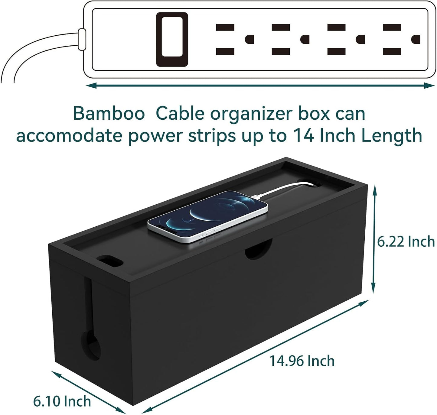 Bamboo Cable Management Box, Large Cord Organizer Box Cable Box to Hide Wires & Power Strips for Desktop Storage Cord Holder for Office Home,No Assembley Required (All White, Large)