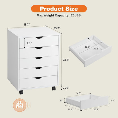 5 Drawer Mobile File Cabinet Under Desk Storage Organization with Wheels Vertical Filing Chest Rolling Wood Small Desk Printer Stand for Home Office, White