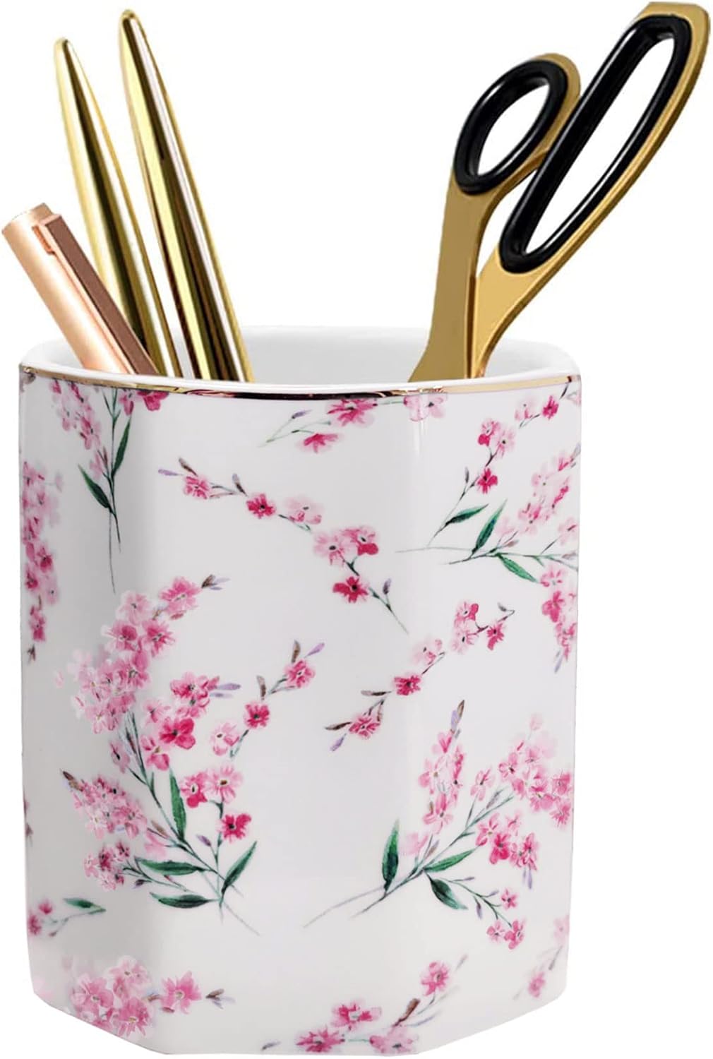 Pencil Holder for Desk Organizer,Ceramic Writing Utensil Storage Organizer Aesthetic Floral Pattern Pen Holder Pen Cup Makeup Brush Holder Creative Gift for Desktop Supplies,School Life Blue
