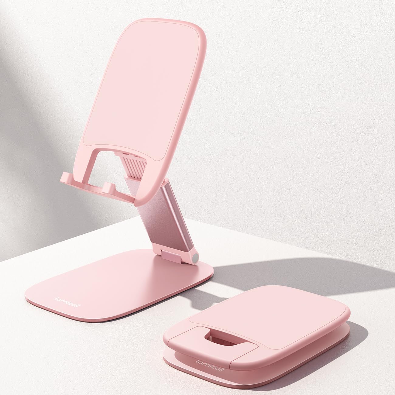 Lamicall Foldable Cell Phone Stand for Desk - [Ultra Thin] Portable Travel Holder, Height Adjustable, Weighted Metal Base, Thick Case Friendly for iPhone 17 16 15 Pro Max, Galaxy S26, Gift Mothers Day