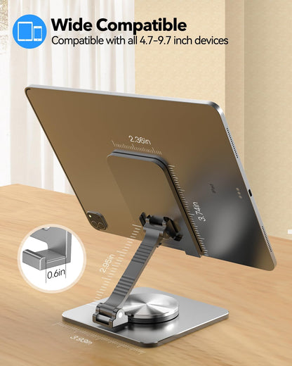 Cell Phone & Tablet Stand for Desk, Aluminum Adjustable Holder for iPhone, iPad & Smartphones || Foldable Mount with 360° Swivel, Stable Base & Portable Design for 4–9.7in Devices, Purple