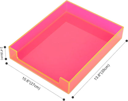 Paper Tray Acrylic File Organizer for Desk Letter Tray Desk Organizer Document Holder Sorter Storage for A4 Office Supplies Magazines, 13.8x10.6x2.4 Inches, Neon Pink