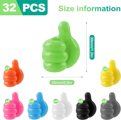 slaixiu 32PCS Creative Silicone Thumbs Up Wall Hooks - Self-Adhesive Cord & Cable Clips for Charging Cables, Wires & Pencils, Organizer for Desk, Office, Home