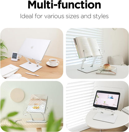 Mooas Acrylic Book Stand for Reading Adjustable Foldable Holder with Page Clips Clear Display Portable Tablet Holder for Desk Cookbook Laptop Recipe Textbook Book Easel Kitchen Counter Hands Free