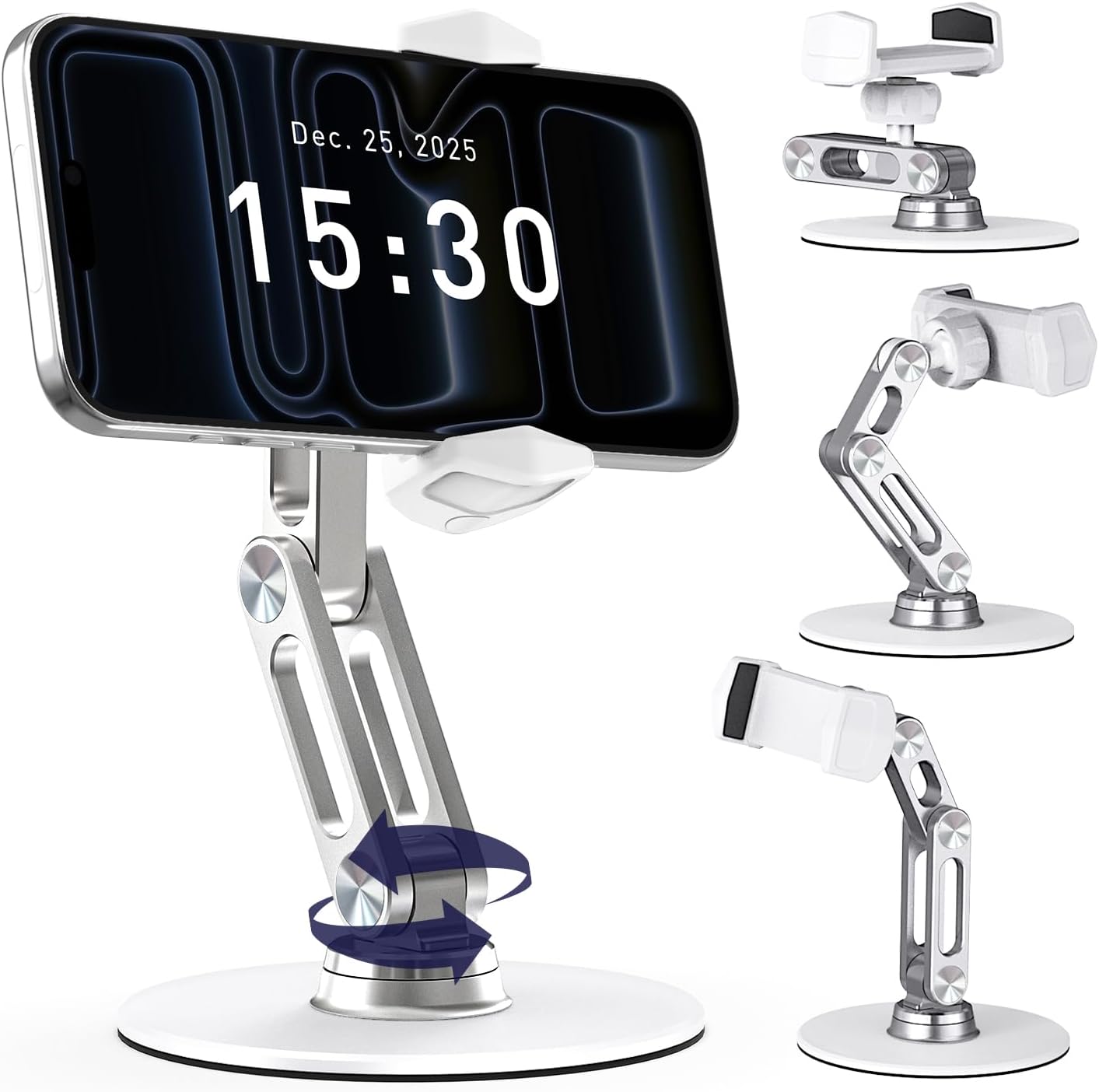 Phone Stand for Desk - Adjustable Height and Angle Foldable Cell Phone Stand Holder, No Dropping Stable Triple-Clamp Holder, Adjustable Tightness, Compatible with iPhone Android Phones, White
