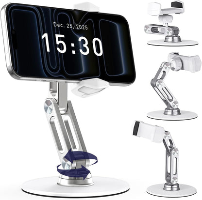 Phone Stand for Desk - Adjustable Height and Angle Foldable Cell Phone Stand Holder, No Dropping Stable Triple-Clamp Holder, Adjustable Tightness, Compatible with iPhone Android Phones, White