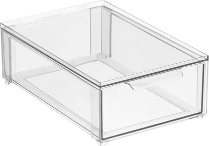 mDesign Plastic Stackable Closet Storage Organizer Bin Containers with Front Pull Drawer for Cabinet, Desk, Shelf, Cupboard, or Dresser Organization - Lumiere Collection - Clear