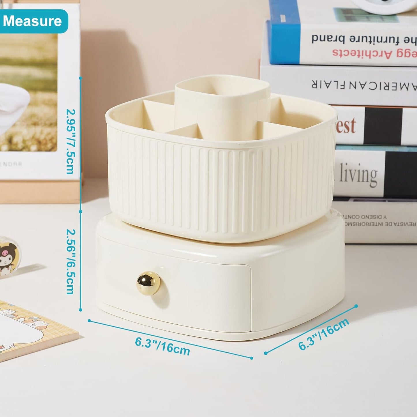 Desk Pencil Pen Holder, 5 Slots 360 Degree Rotating Pencil Pen Organizers for Desk Desktop Storage Stationery Supplies Organizer Cute Pen Cup for Office School Home Art Supply Cream Yellow