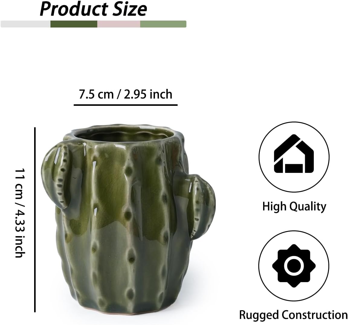 Ceramic Cactus Pen Holder, Cactus Decor Cute Pencil Holder, Makeup Brush Holder for Home, Office Desk Accessories(Dark Green)