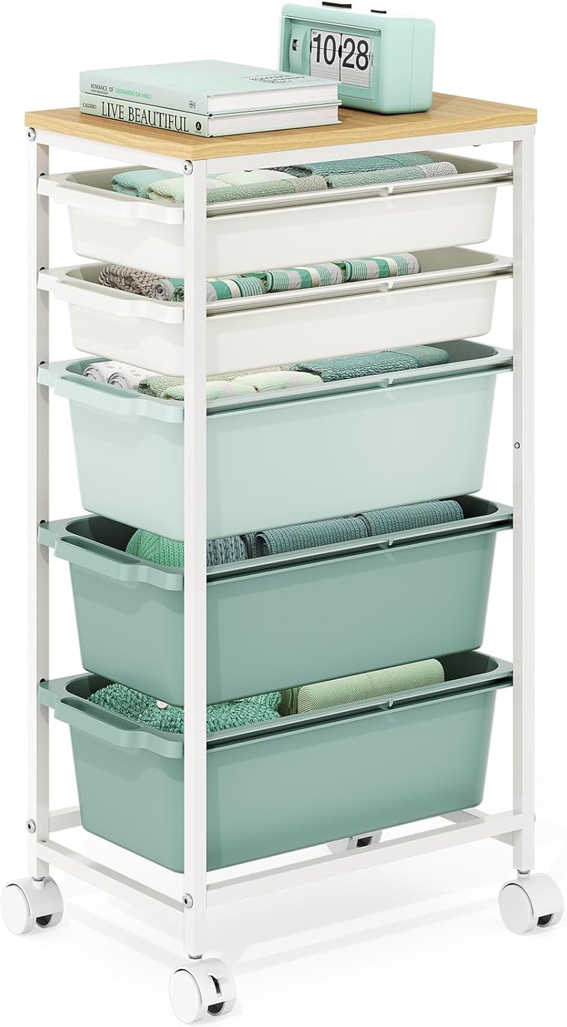 Rolling Storage Cart with 3 Drawers, Craft Organizer, Wooden Tabletop Utility Cart for Bedroom, Children's Room and Office Organization, Under Desk Trolley with Lockable Wheels,White