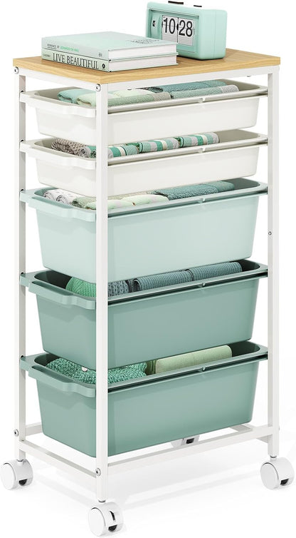 Rolling Storage Cart with 3 Drawers, Craft Organizer, Wooden Tabletop Utility Cart for Bedroom, Children's Room and Office Organization, Under Desk Trolley with Lockable Wheels,White