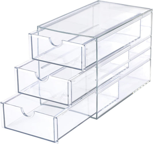 Hipiwe 3 Drawers Acrylic Drawer Organizer Clear Desktop Organizer for Hair Accessories Jewelry Stationery Office Supplies Acrylic Drawer Storage Box for Vanity Bathroom Closet