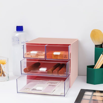 Desk Organizer with Drawer, Office Organizer with 4 Drawers, Desk Storage Box for, Desktop, Dressing table, Office, School, Home, Plastic Box and 4 Acrylic Drawers(White)