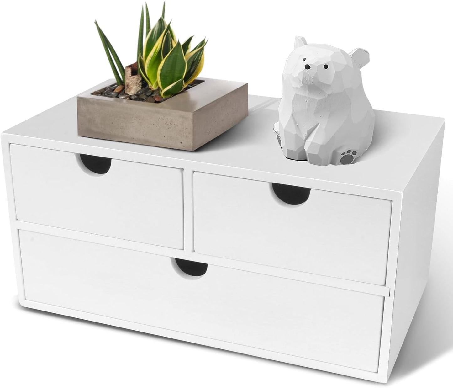 Charmewooden Bamboo Desk Organizer 3 Drawer with Shelf, Countertop Organizer with Drawers Makeup Storage Drawer 3 Drawers Tabletop Storage Organization Box Home Office Workspace（White）