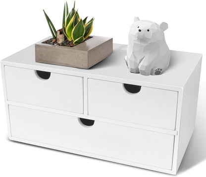 Charmewooden Bamboo Desk Organizer 3 Drawer with Shelf, Countertop Organizer with Drawers Makeup Storage Drawer 3 Drawers Tabletop Storage Organization Box Home Office Workspace（White）